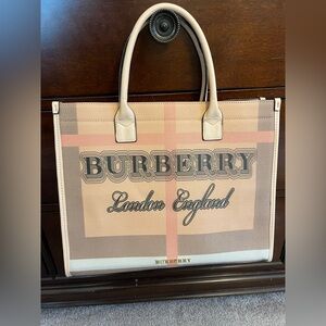 Burberry Beige and Pink Checkered Tote